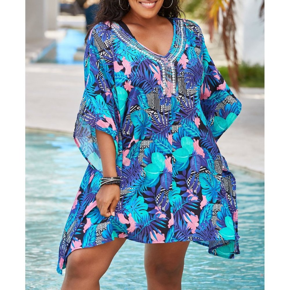 Jeweled Caftan Beach Cover Up Tropical Flora…